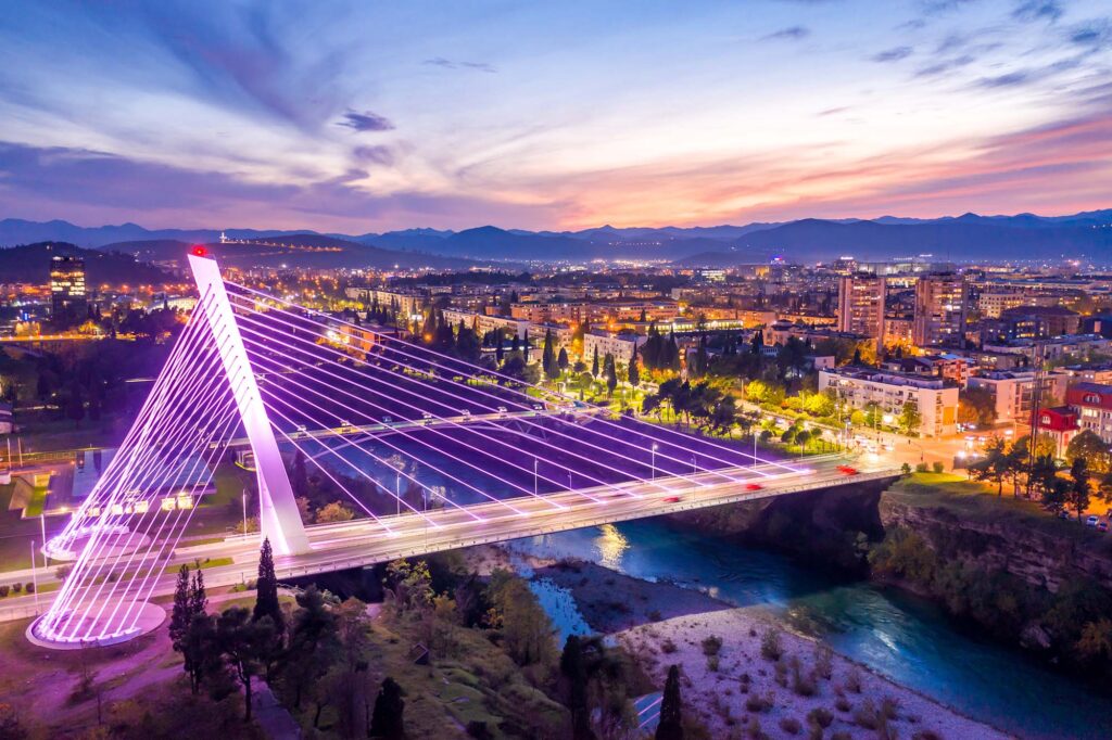 Podgorica,,Montenegro,,At,Night,,Featuring,Illuminated,Millennium,Bridge,In,The
