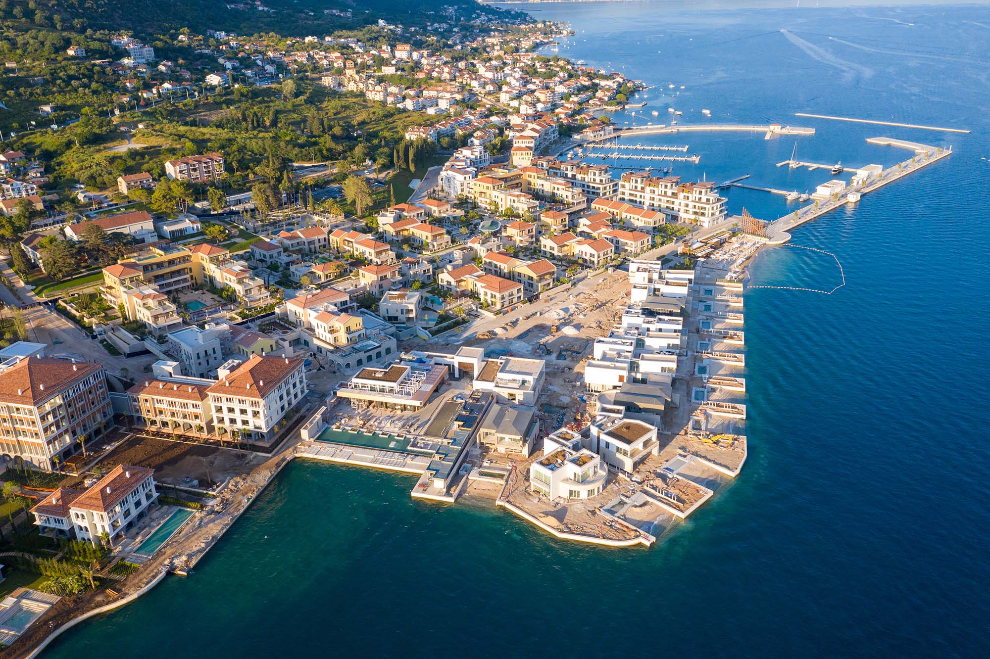 Portonovi Montenegro - luxurious seaside resort on the coast of Boka Kotor Bay, in Kumbor, near Herceg Novi. Aerial view.