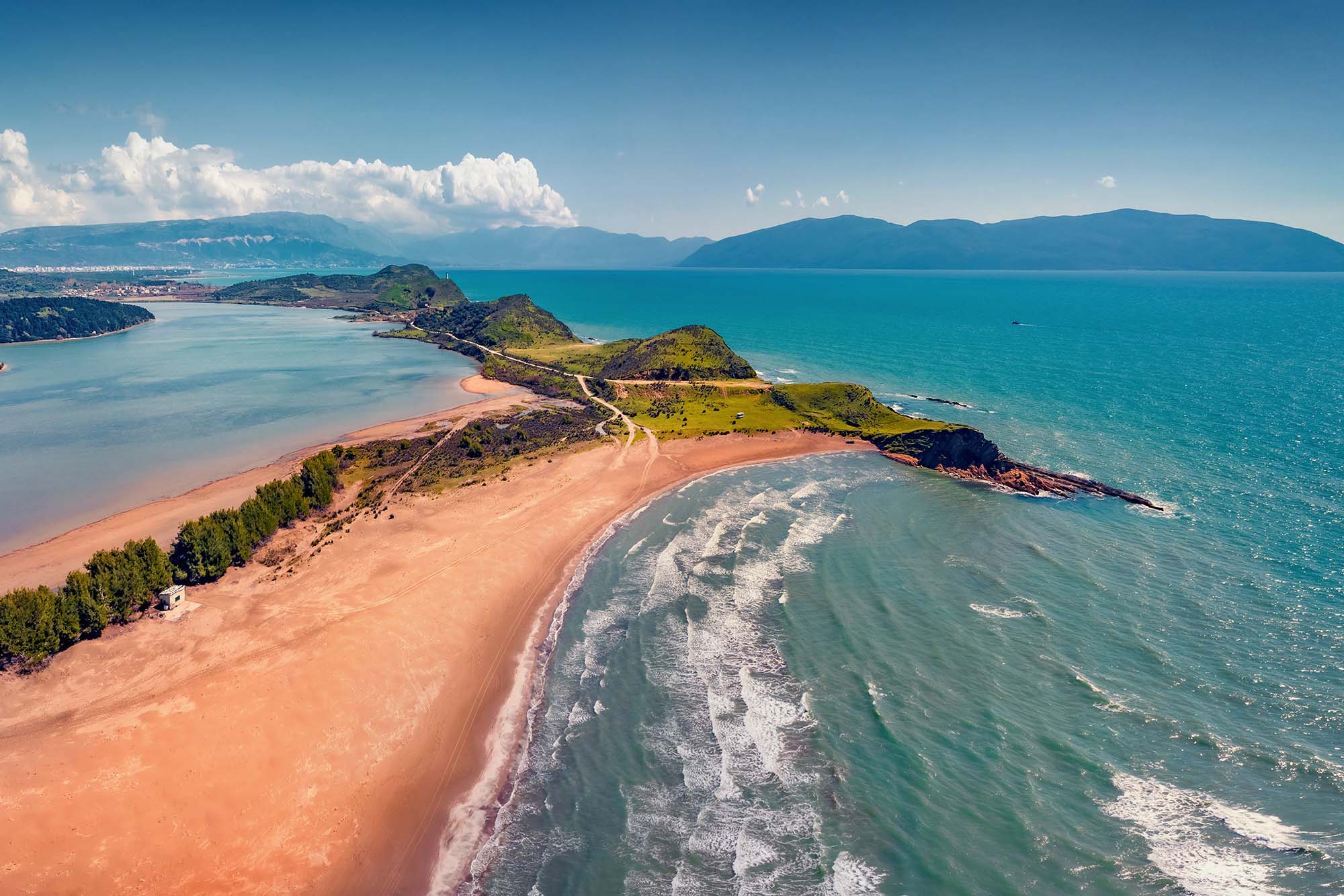 Aerial landscape photography. Splendid summer view from flying drone of Zvernec Beach. Beautiful seascape of Adriatic sea. Fantastic morning scene of Albania, Europe. Vacation concept background.