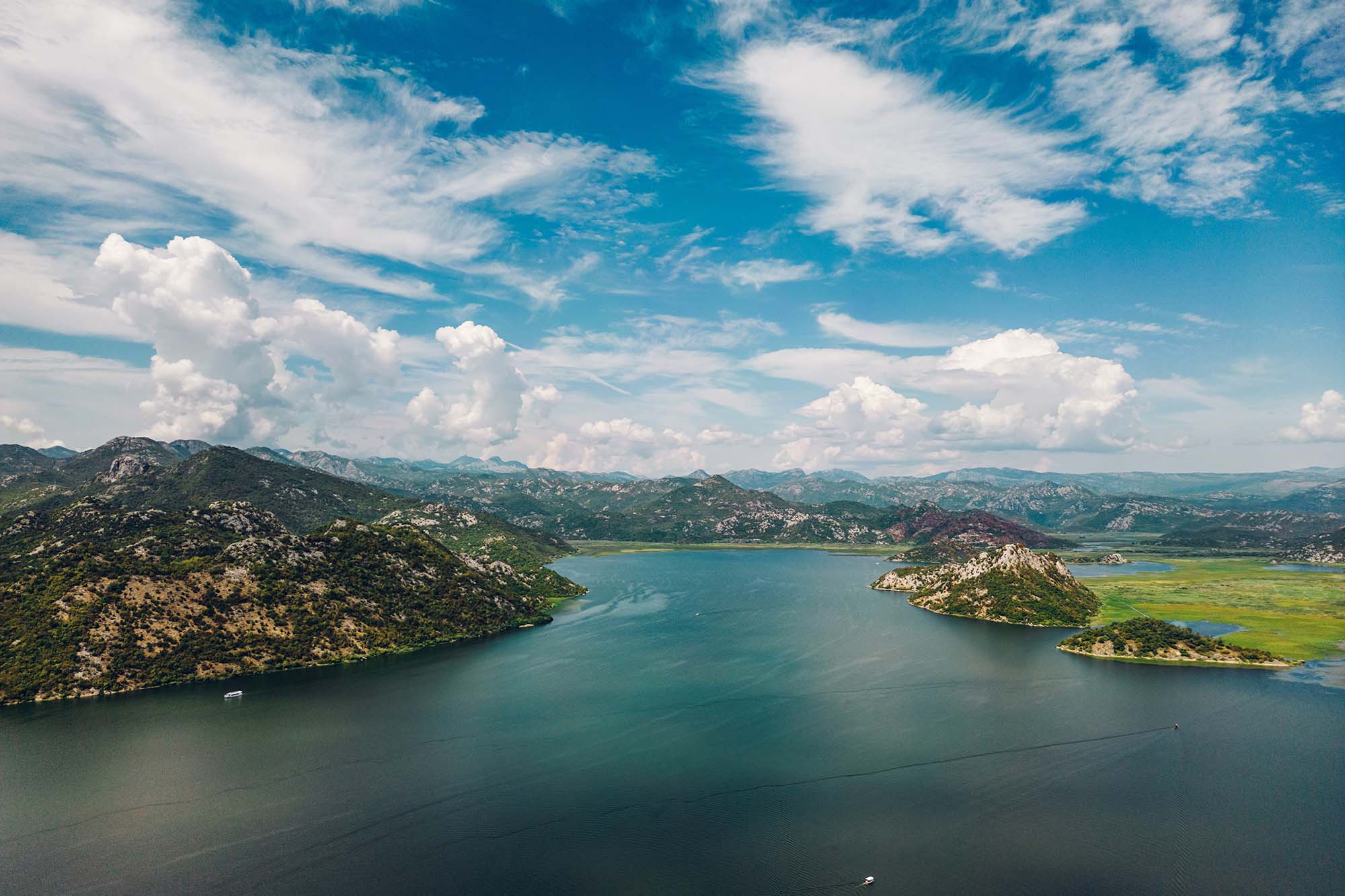 Aerial view of a Skadar Lake with a dazzling array of plant life creating a stunning spectacle. Water is a vibrant green, with lily pads, reeds, and other aquatic plants.