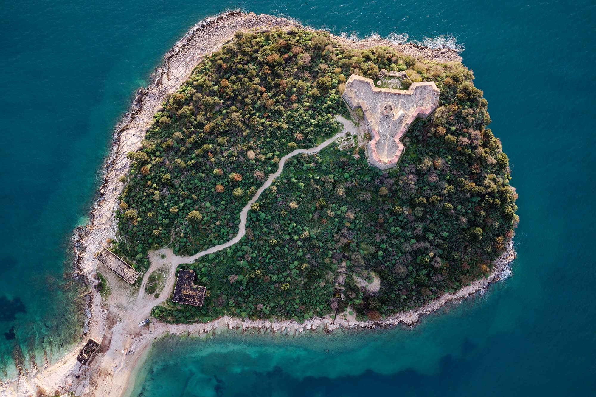 Aerial drone view of the Porto Palermo Castle in Albania. The castle is a significant monument located near the village of Himare in southern Albania.