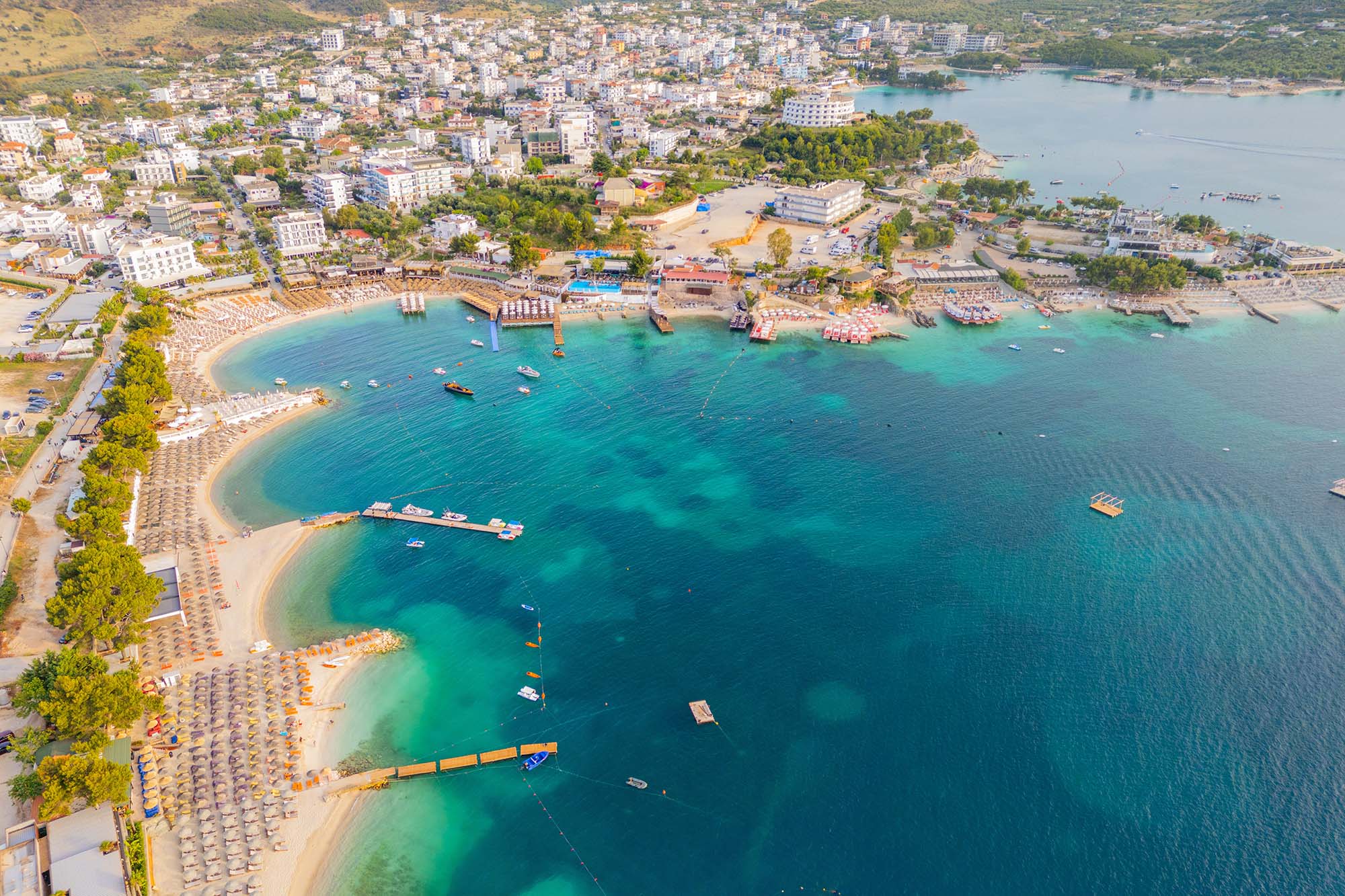 Aerial view of the Ksamil coastline on the Ionian Sea in southern Albania