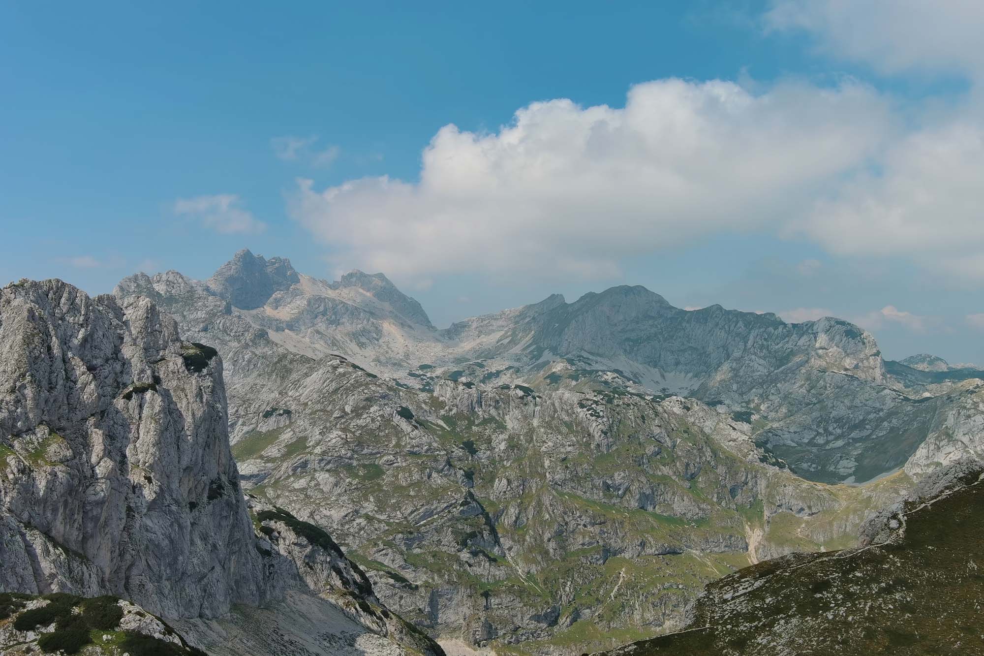 Flying in Durmitor mountains. Durmitor National park in Montenegro. Beautiful aerial mountain landscape